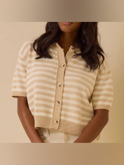 Altard State Short Sleeve Striped Cardigan/Taupe-Ivory: Size Large